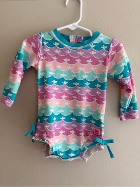 Ruffle Butts Baby Girl Rashguard Long Sleeve One-Piece Swimsuit in Pastel Waves